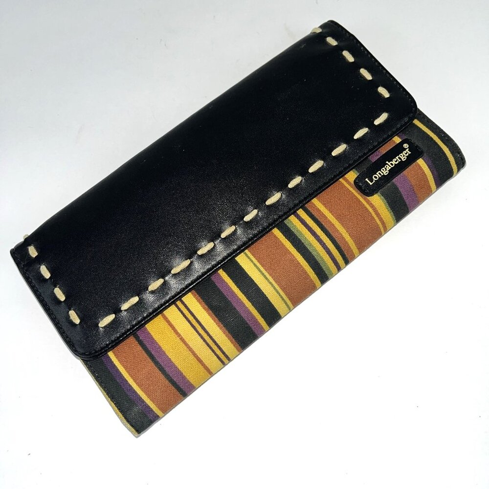 Longaberger Tri Fold Wallet Black yellow orange striped Zipper Retired